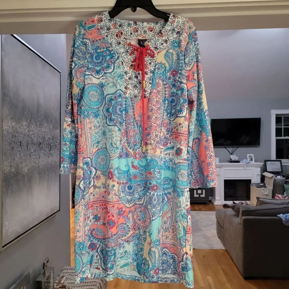 AQUA ET SOL Upf 50 3/4 Sleeve Cape Cod Lace Up Tunic Resortwear Coverup Small - Picture 3 of 10
